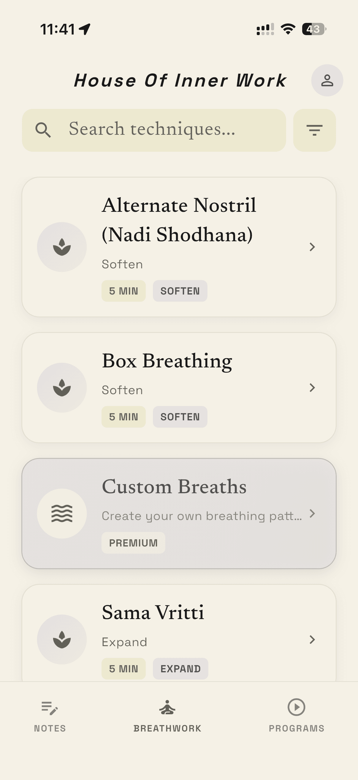 House Of Inner Work — Breathwork explore screen